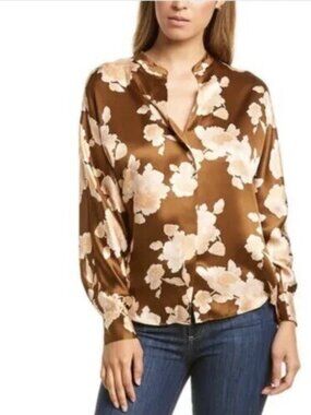 VINCE Tapestry Floral Silk Popover Blouse In Amber Brown Size Medium
